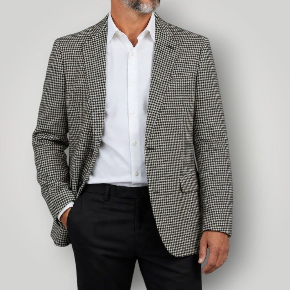Vintage Men Blazer Sport Coat 2 Button Casual Jacket 42L Tweed Wool Houndstooth